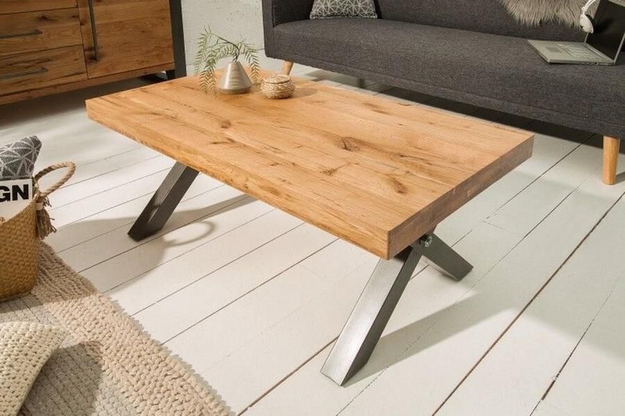 Invicta Interior Massief houten salontafel THOR 110cm wild eiken geolied X-frame metaal antraciet industrieel design 38808
