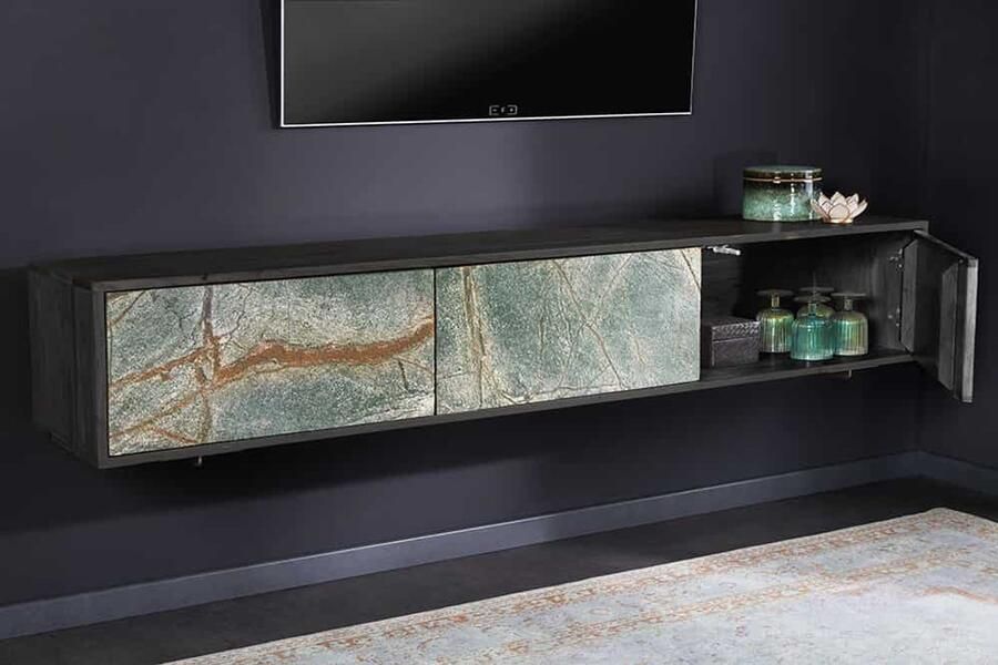 Invicta Interior Massief houten TV Lowboard MOUNTAIN SOUL 160cm Zwart hangend echt natuurstenen acacia 43482 - Foto 2