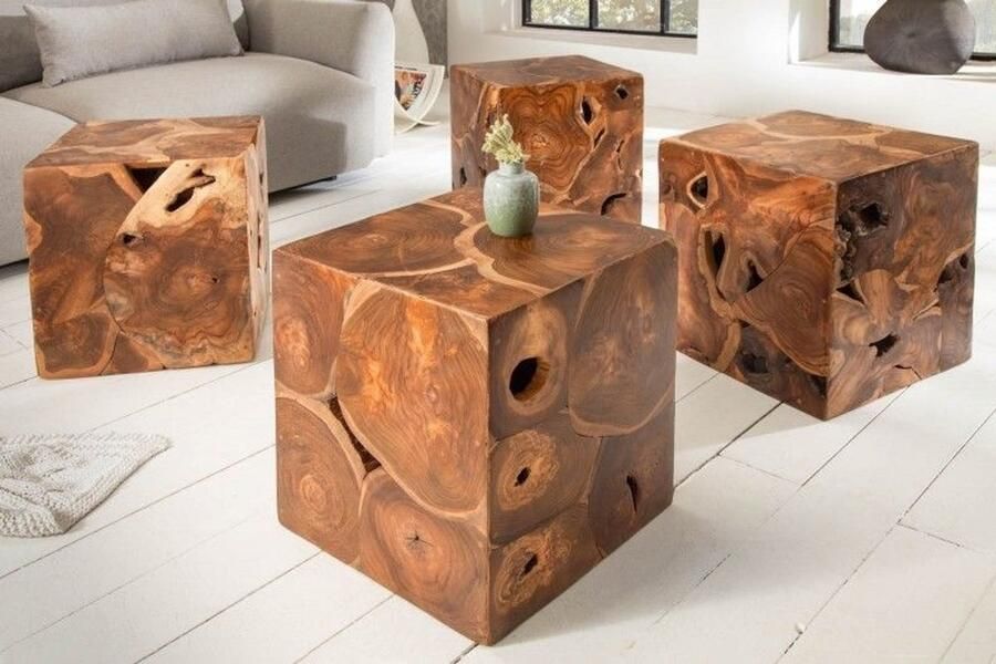 Invicta Interior Massieve bijzettafel Prestige Radiance 40cm teakhouten kubuskruk