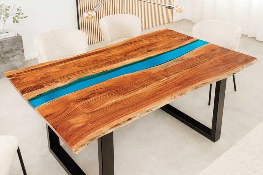 Invicta Interior Massieve eettafel LIQUID 160cm bruin acaciahout boomrand zwart ijzer blauw 45831