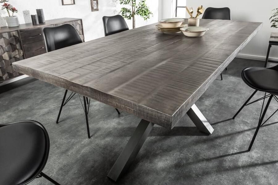 Invicta Interior Massieve industrieele eettafel GALAXIE 200cm grijs mangohouten stervormig frame 39442