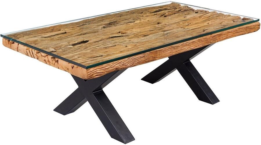 Invicta Interior Massieve salontafel BARRACUDA 110cm antiek naturel teakhout X-frame glazen blad 6045679