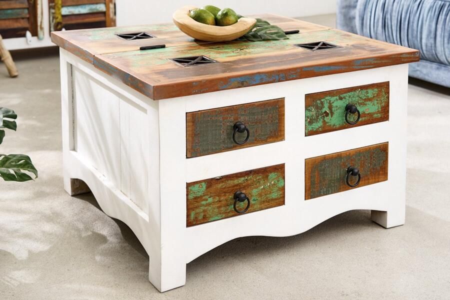 Invicta Interior Massieve salontafel JAKARTA 70cm mangowitte kleurrijke ladekast gemaakt van gerecycled vissersbotenhout met lades 42149