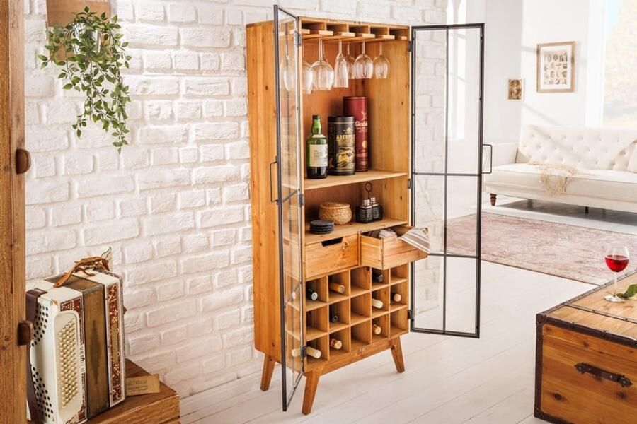 Invicta Interior Massieve vitrinekast SEVEN SEAS 150cm naturel grenen industrieele deuren metalen barkast 41196