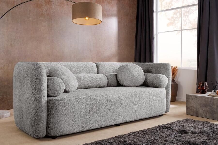 Invicta Interior Moderne bank ART DECO 200cm grijs Bouclé 3-zits bank incl. kussens 44508