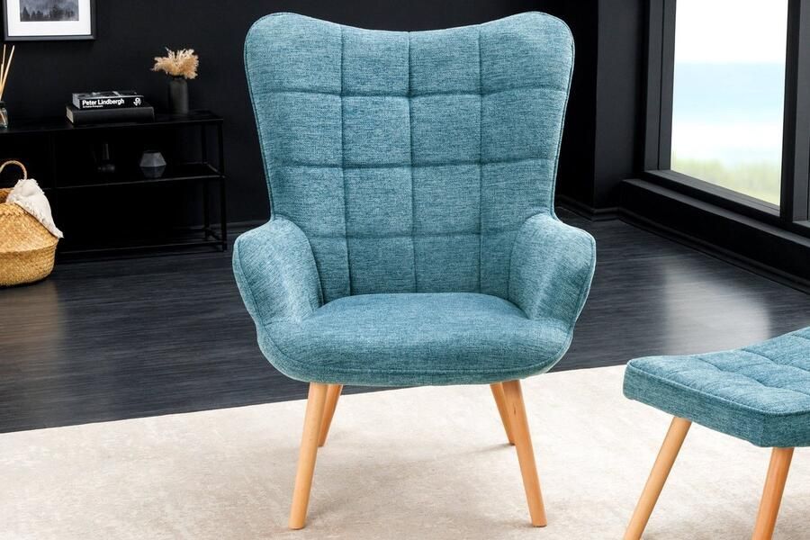 Invicta Interior Moderne fauteuil SCANDINAVIA blauw getextureerde massief houten poten met armleuningen 44024 - Foto 2