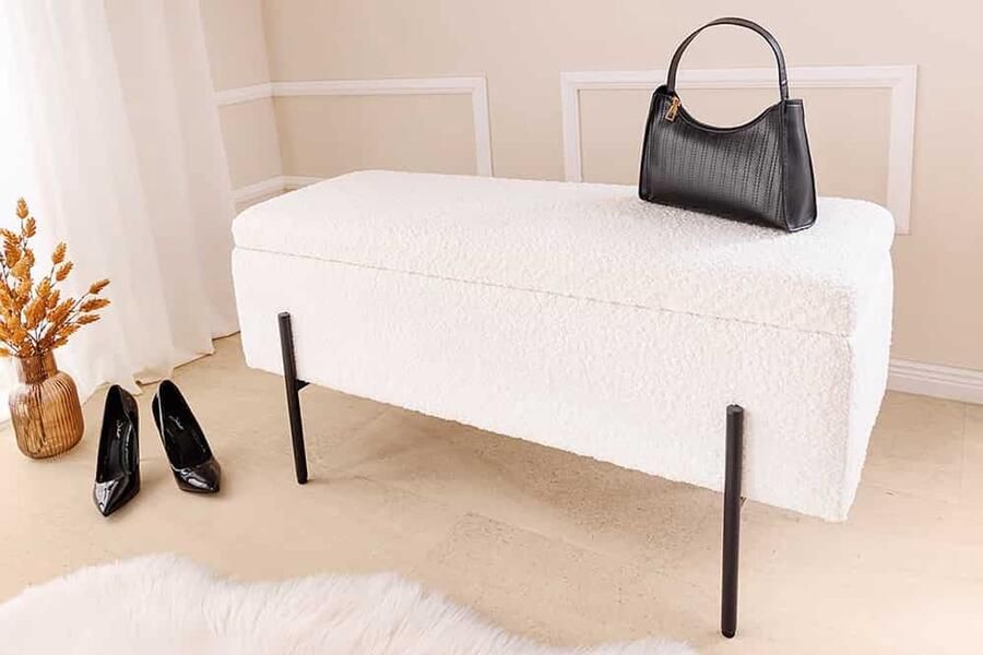 Invicta Interior Moderne Kistbank LOFT 100cm witte Boucle Bank met opbergruimte Gestoffeerd Zwart Metaal 45728