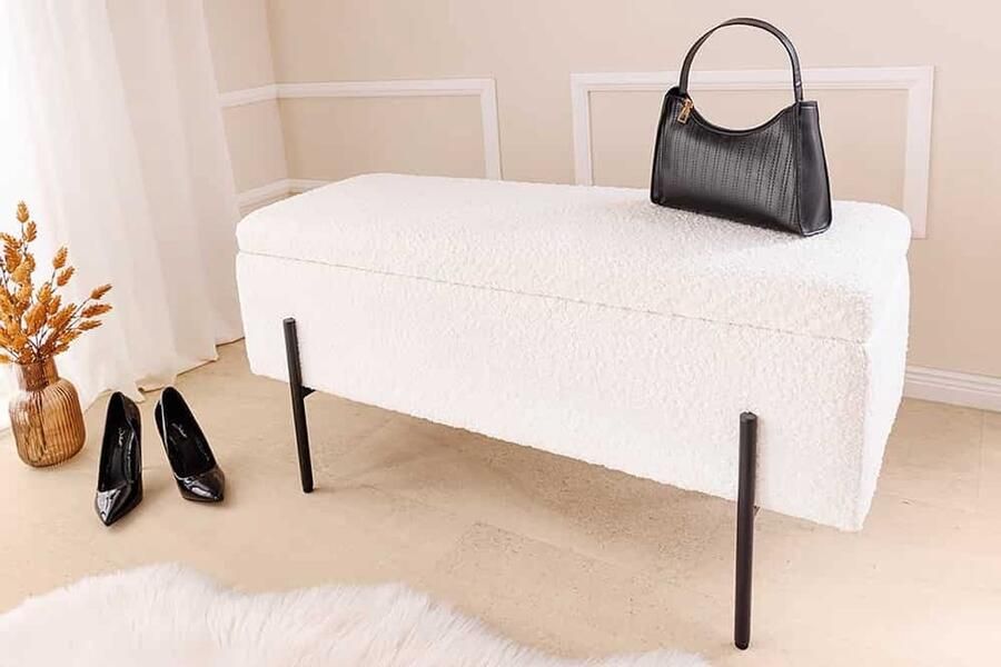 Invicta Interior Moderne Kistbank LOFT 100cm witte Bouclé Bank met opbergruimte Gestoffeerd Zwart Metaal 45728