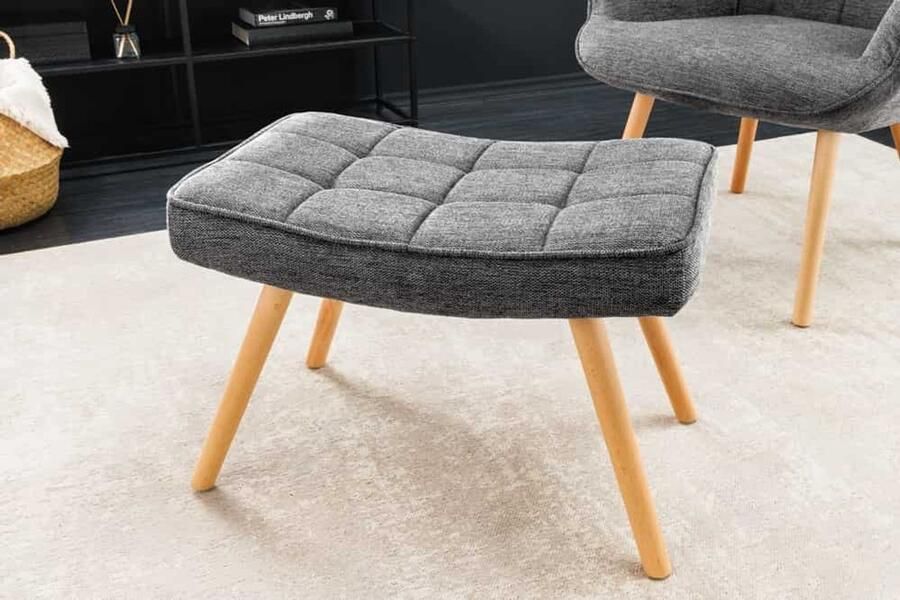 Invicta Interior Moderne kruk SCANDINAVIA grijze structuurstof massief houten poten voetenbank 44029