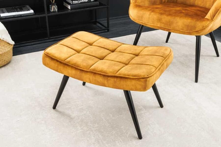 Invicta Interior Moderne kruk SCANDINAVIA mosterdgeel fluweel zwarte metalen poten voetenbank 44025