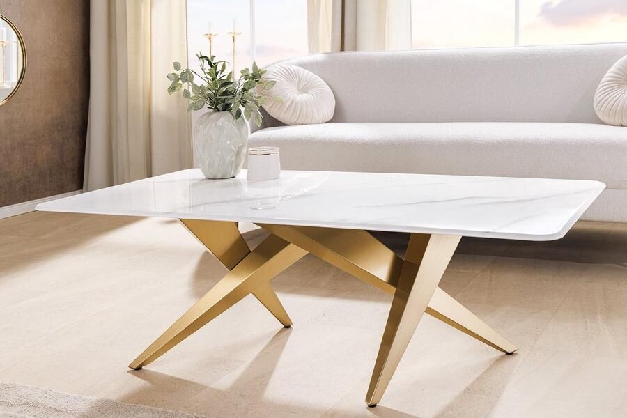 Invicta Interior Moderne salontafel ART LIVING 130cm wit marmer keramiek champagne goud geborsteld 46204