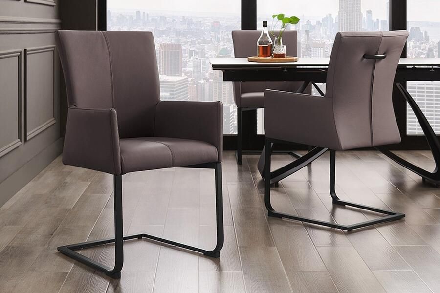 Invicta Interior Moderne sledestoel SAMSON taupe grijs echt leer met armleuningen en metalen frame 45175