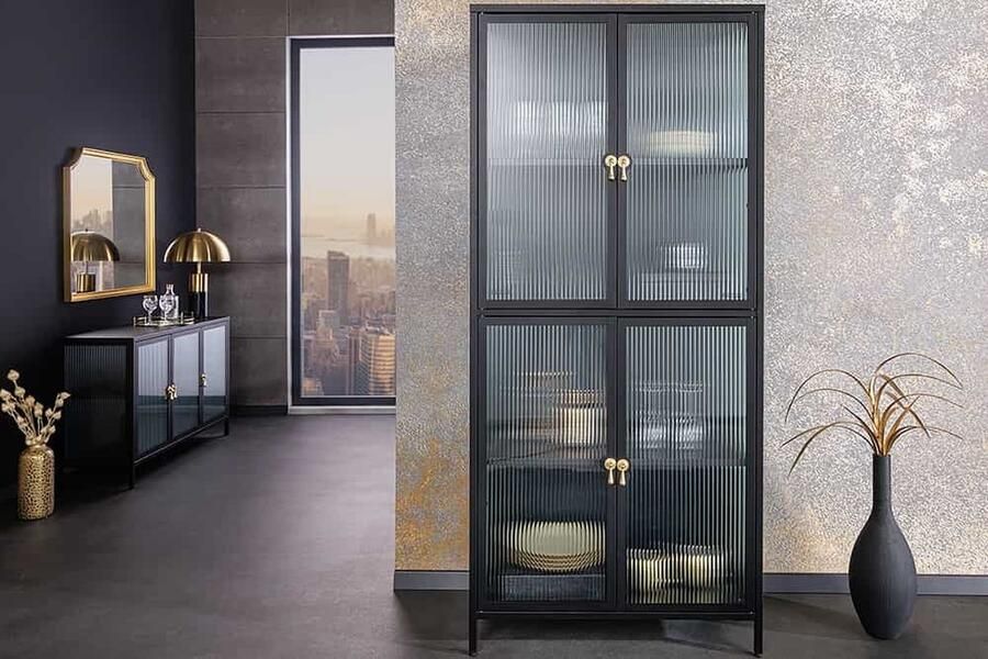 Invicta Interior Moderne vitrinekast AMSTERDAM 180 cm zwart goud dammen glazen metalen highboard kast 43532 - Foto 3