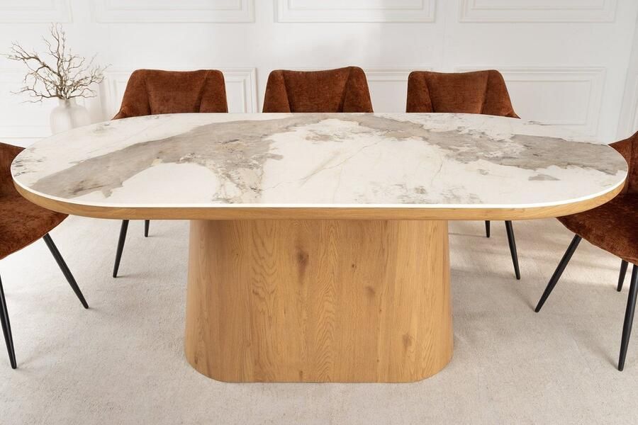 Invicta Interior Ovale eettafel UNIQUE 200 cm wit natuurlijk keramiek eiken kolomvoet 46381