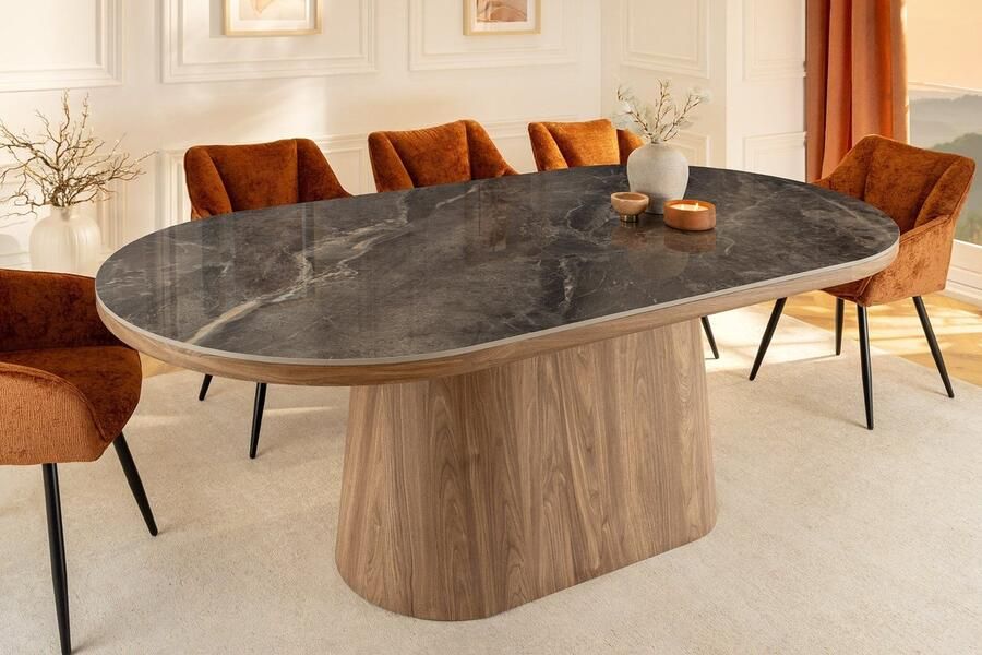 Invicta Interior Ovale eettafel UNIQUE 200cm Grijsbruin Keramiek Walnoot Kolomvoet 46380