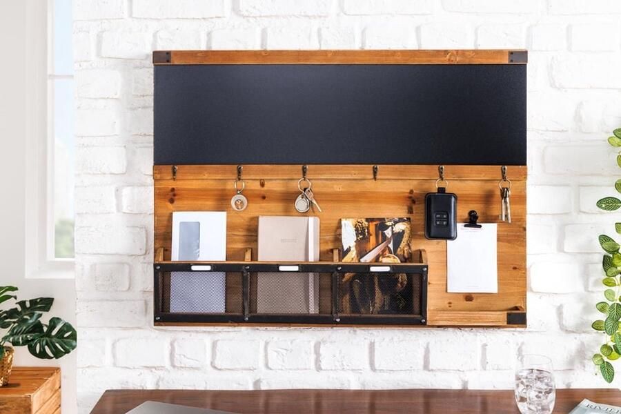 Invicta Interior Praktische wandplank HERITAGE 80cm naturel grenen 6 haken krijtbord sleutelbord 40880 - Foto 2