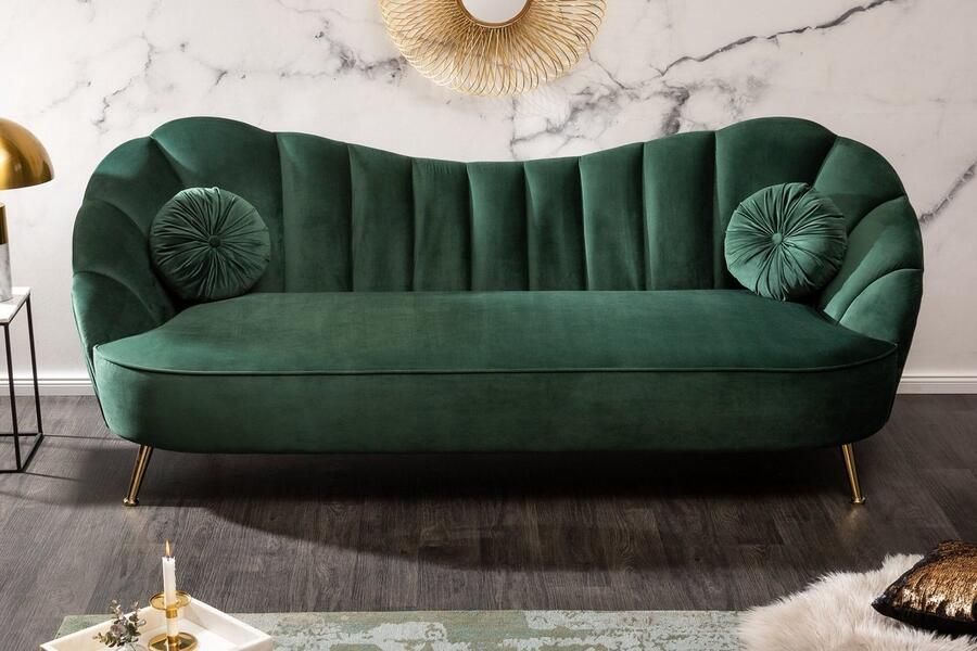 Invicta Interior Retro 3-zitsbank ARIELLE 220cm fles groen fluweel gouden metalen poten decoratief stiksel 40749