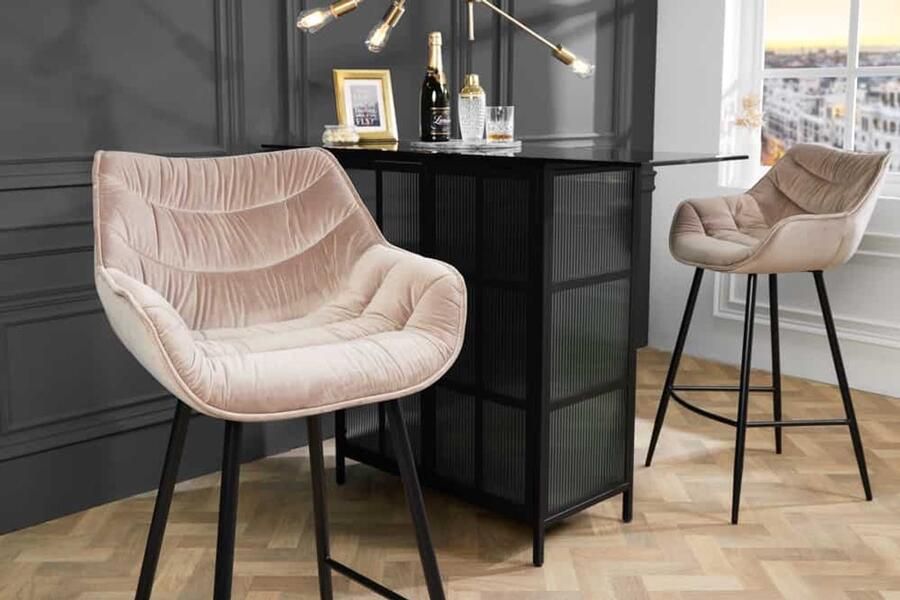 Invicta Interior Retro barkruk THE DUTCH COMFORT champagne fluwelen barstoel met voetsteun 40836