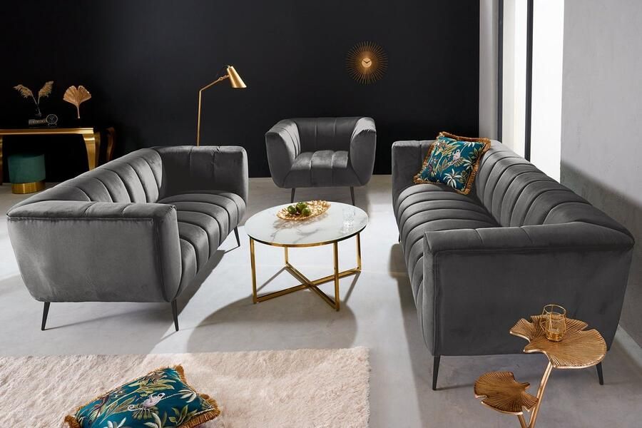 Invicta Interior Retro fauteuil NOBLESSE 105cm grijs fluweel zwart metalen poten lente kern decoratief stiksel 44540 - Foto 2