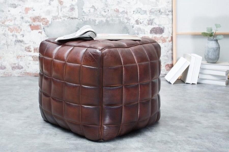 Invicta Interior Retro kruk RIDER 40cm bruin echt leer met decoratieve stiksels 37653