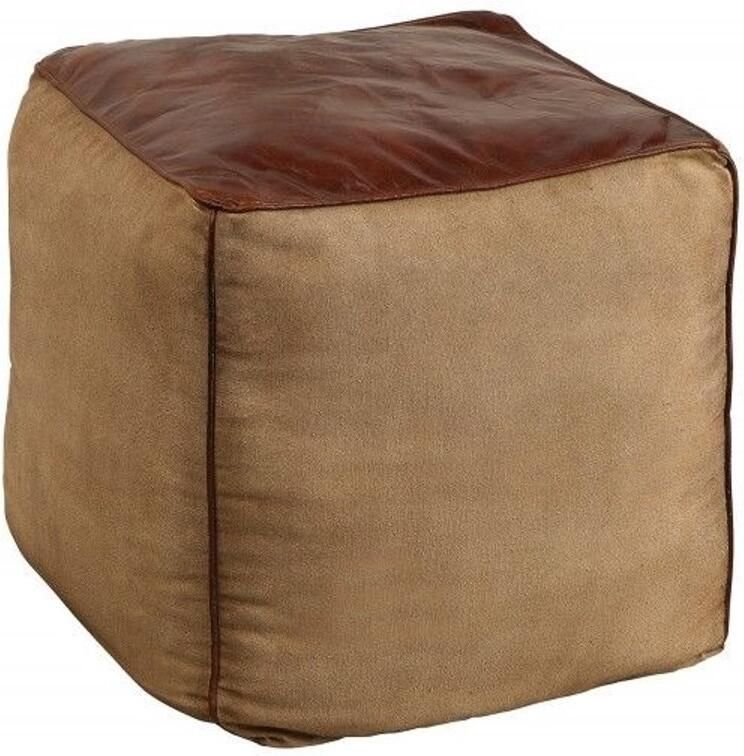 Invicta Interior Retro poef MUSTANG lederen bekleding 45cm met linnen zitkubus 39525