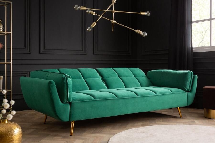 Invicta Interior Retro slaapbank BOUTIQUE 215cm smaragdgroen fluweel 3 zits met gouden poten 40566