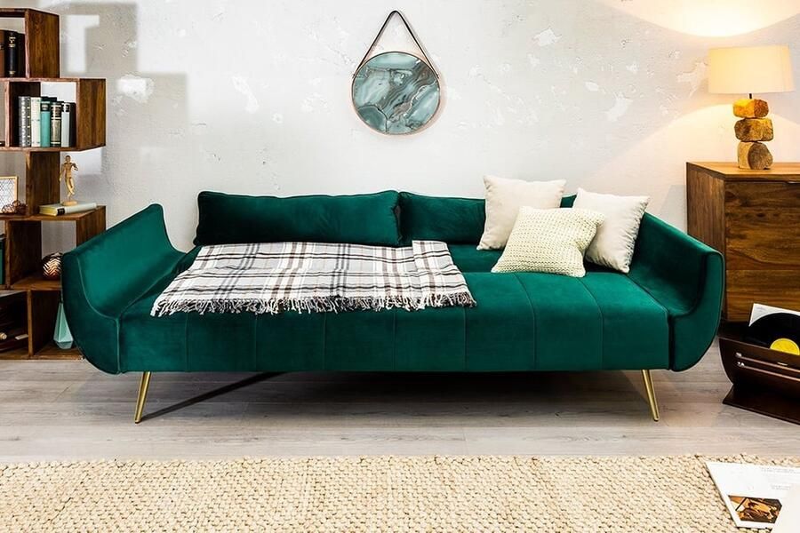 Invicta-Interior Retro slaapbank DIVANI 220cm smaragdgroen fluweel gouden metalen poten 3-zits met bedfunctie 40090 - Foto 3