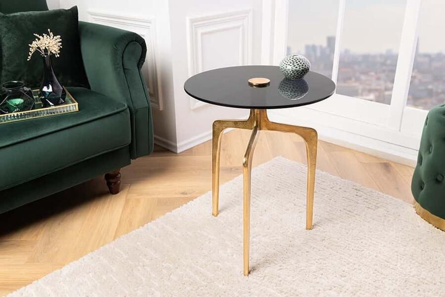 Invicta Interior Ronde Bijzettafel ABSTRACT 60cm messing gouden metalen poten zwart glas handgemaakt 43495