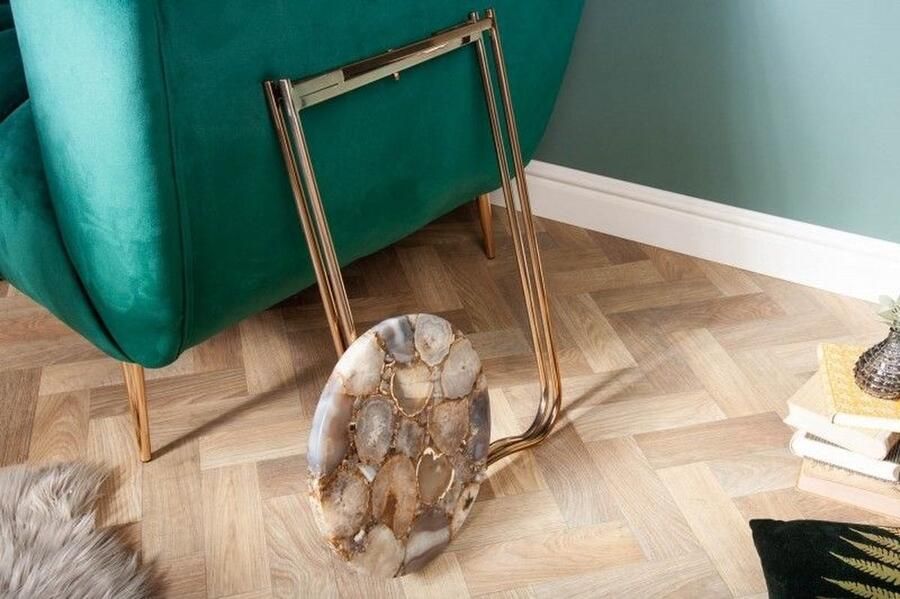 Invicta Interior Ronde Bijzettafel NOBLE I 35cm Edelsteen Agaat Opvouwbaar Gouden Metalen Frame 40368 - Foto 3