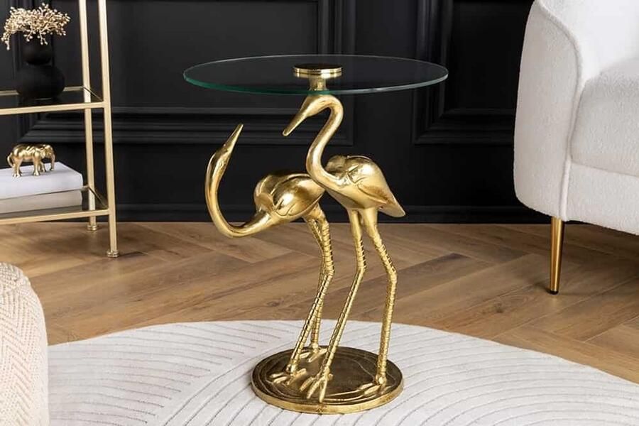 Invicta Interior Ronde bijzettafel WILDLIFE CRANE 55cm goud glazen kraan sculptuur handgemaakt 44832