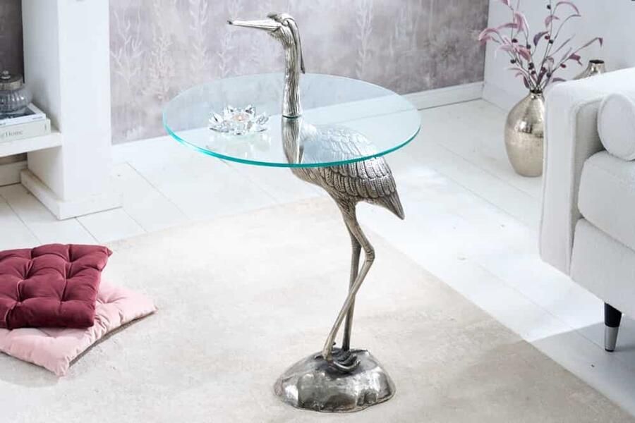 Invicta Interior Ronde bijzettafel WILDLIFE HERON 90cm zilveren metalen glazen reigersculptuur handgemaakt 43514