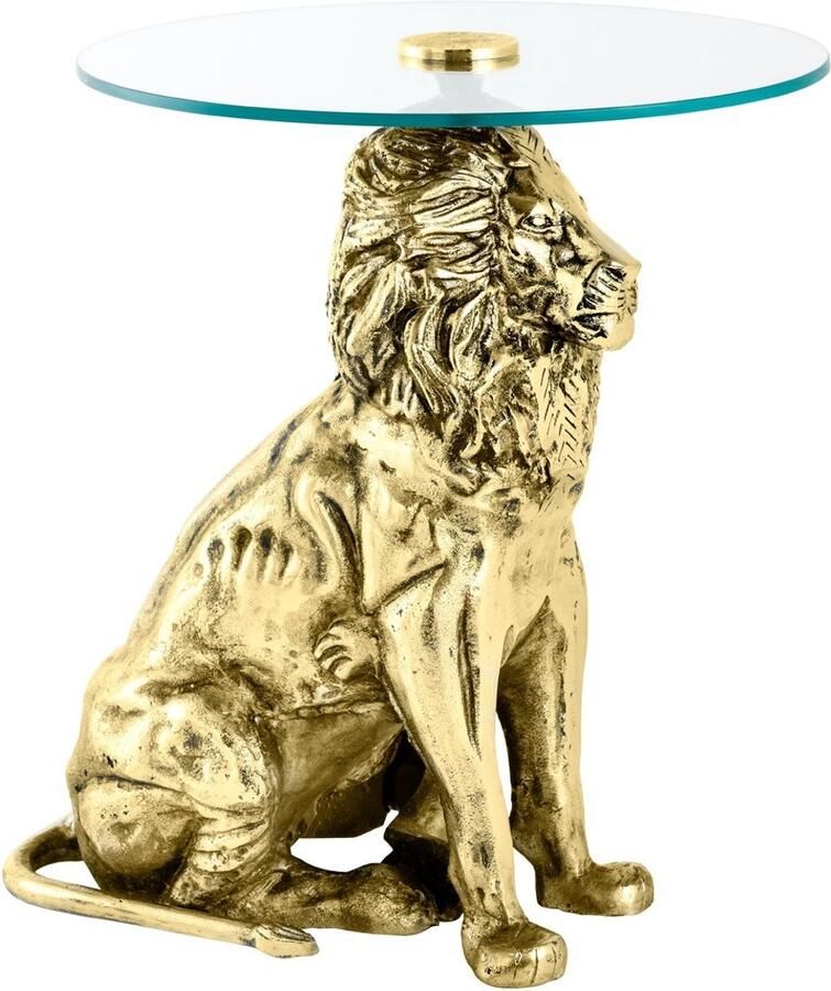 Invicta Interior Ronde bijzettafel WILDLIFE LION 60cm Goud Antiek Metaal Glas Leeuw Sculptuur 44827