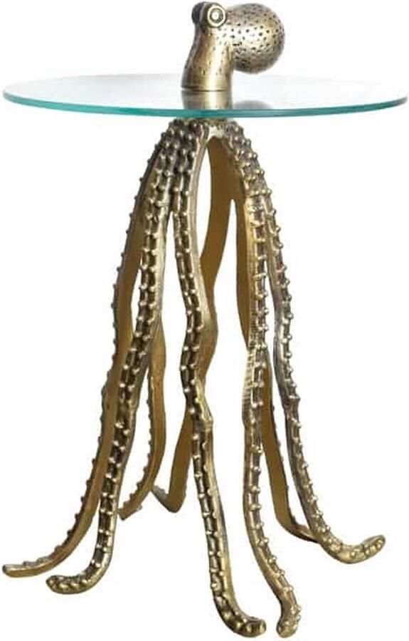 Invicta Interior Ronde bijzettafel WILDLIFE OCTOPUS 70cm messing goud metalen glazen sculptuur handgemaakt 43498