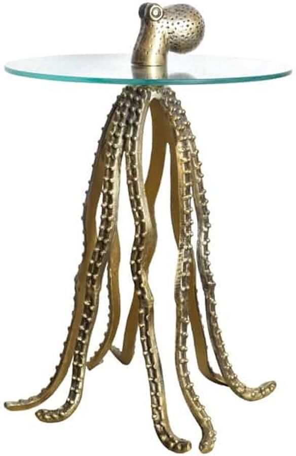 Invicta Interior Ronde bijzettafel WILDLIFE OCTOPUS 70cm messing goud metalen glazen sculptuur handgemaakt 43498