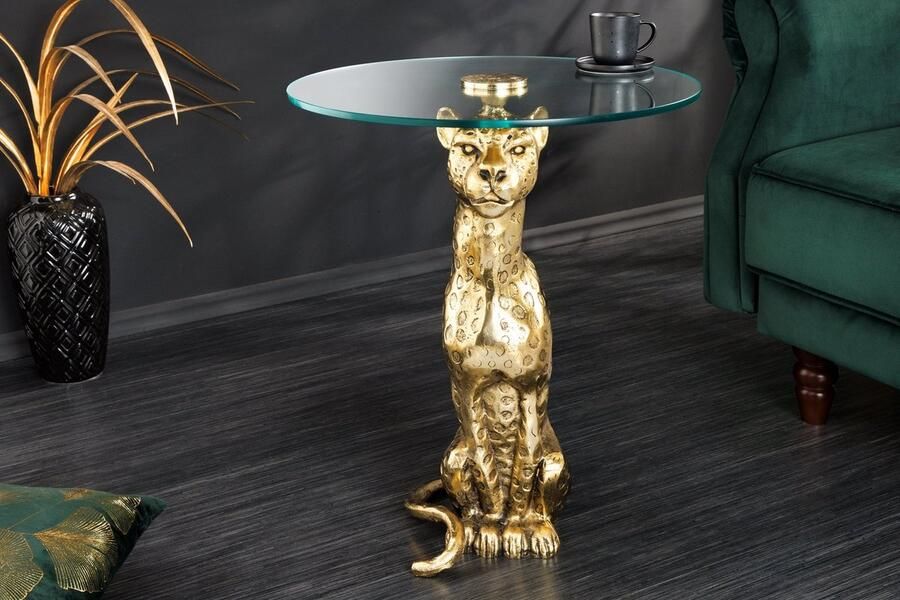 Invicta Interior Ronde bijzettafel WILDLIFE PANTHER 60cm goud antiek metalen glassculptuur handgemaakt 44825
