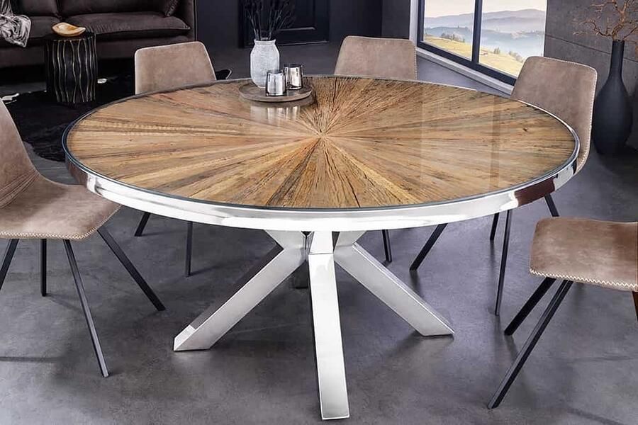 Invicta Interior Ronde eettafel BARRACUDA 120cm bruin teak massief hout glazen blad zilver roestvrij staal verchroomd 43622 - Foto 3