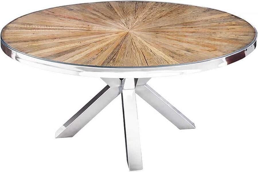 Invicta Interior Ronde eettafel BARRACUDA 120cm bruin teak massief hout glazen blad zilver roestvrij staal verchroomd 43622