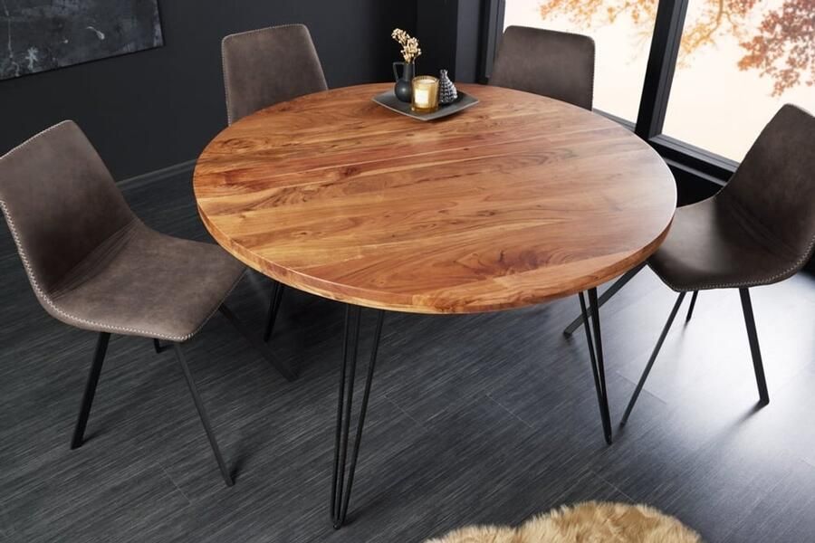 Invicta Interior Ronde eettafel SCORPION 120cm natuurlijk acacia massief hout haarspeldpoten retro design 43668