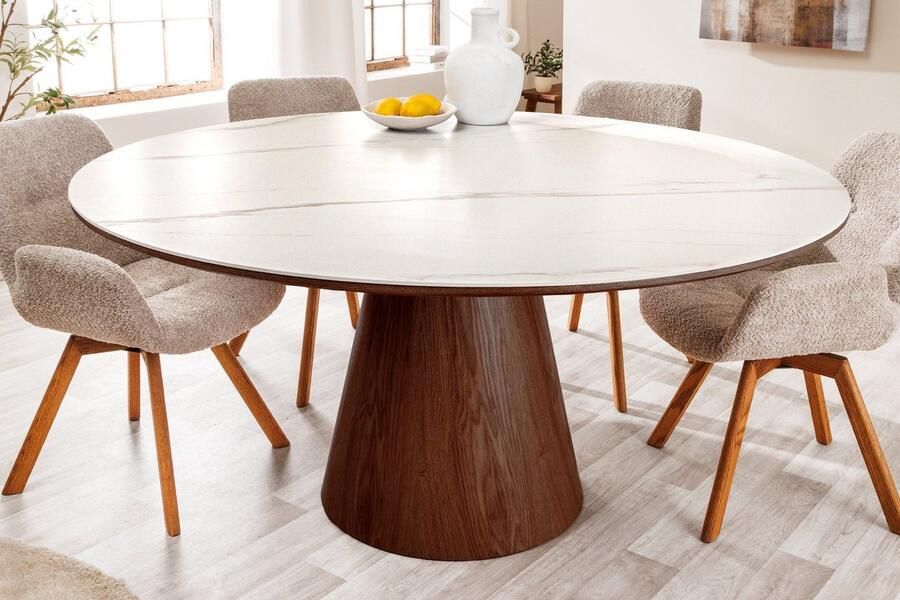 Invicta Interior Ronde eettafel UNIQUE 120cm Wit Bruin Walnoot Hout Keramiek Marmeren Kolom Onderstel 45144