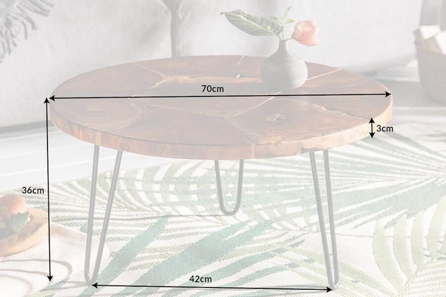 Invicta Interior Ronde massief houten salontafel MOSAIK 70cm natuurlijk teakhout haarspeldpoten zwart metaal handgemaakt 39540 - Foto 3