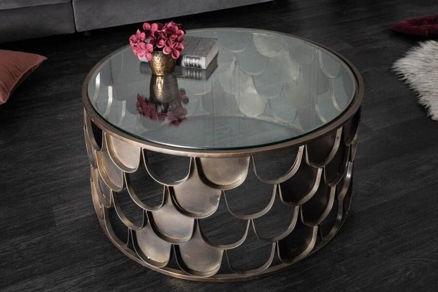 Invicta Interior Ronde salontafel Elysian Essence 60cm antiek messing metaal glas industrieel visschub design - Foto 3