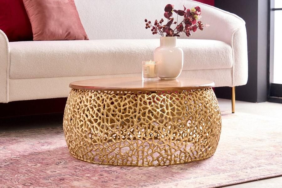 Invicta Interior Ronde salontafel ABSTRACT LEAF 75cm goud metaal massief acaciahout filigraan handgemaakt 43228