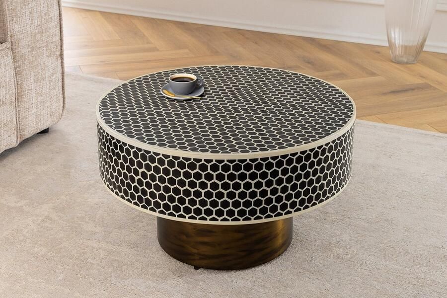 Invicta Interior Ronde salontafel met beeninleg HARMONY NATURE 60 cm zwart witgouden inlegwerk 45206