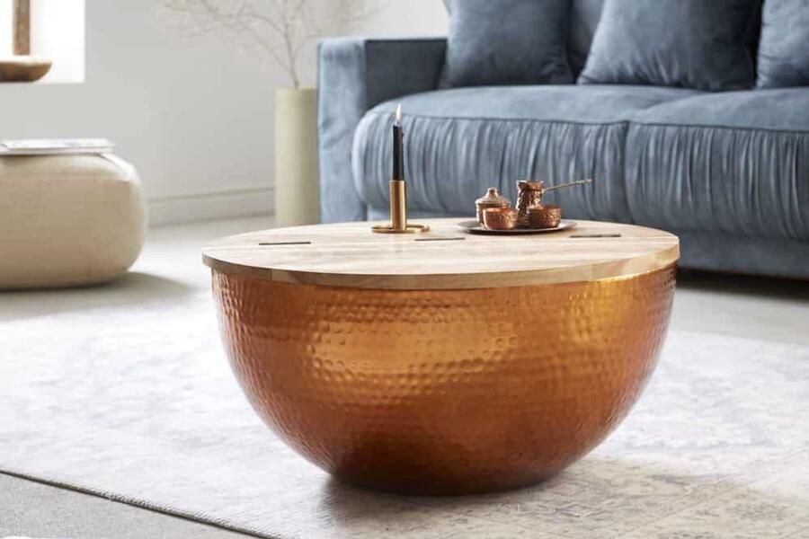 Invicta Interior Ronde salontafel ORIENT STORAGE 60cm Koperen Hamer Blow Handgemaakt Acaciahout met Opbergruimte 39253