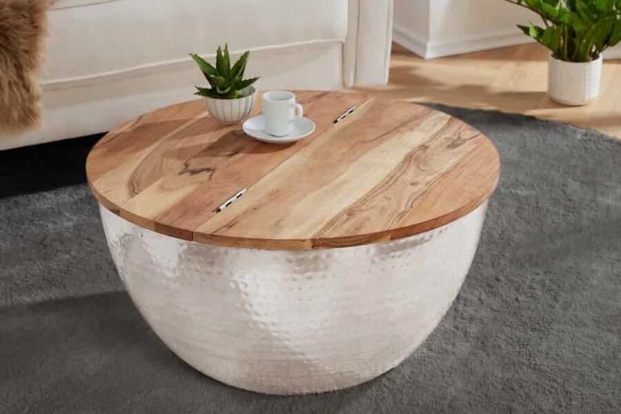 Invicta Interior Ronde salontafel ORIENT STORAGE 60cm zilver acaciahout met opbergruimte Hammerschlag handgemaakt 40109