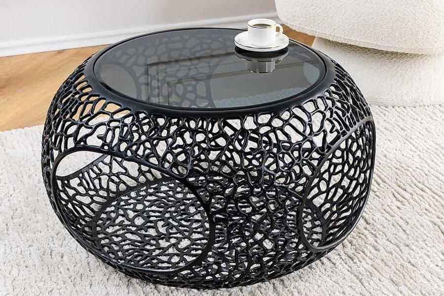 Invicta Interior Ronde salontafel SPIN 75cm zwart glas metaal met opbergvak handgemaakt 44506