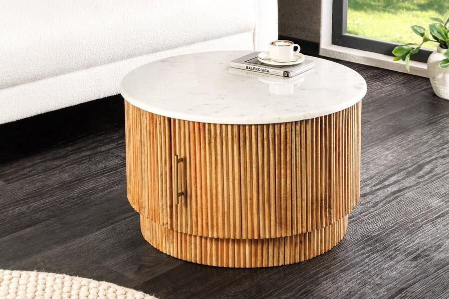 Invicta Interior Ronde salontafel TRES CHIC 60 cm wit marmer bruin mangohout met opbergruimte 45753