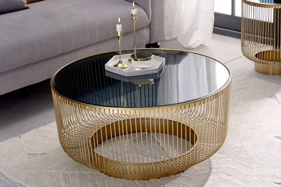 Invicta Interior Ronde salontafel VARIATION 80cm goud metalen frame zwart glas handgemaakt vintage design 43233