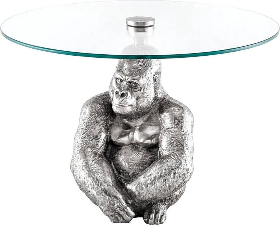 Invicta Interior Ronde salontafel WILDLIFE KONG 60cm zilver metaal glazen aap beeldje gorilla sculptuur handgemaakt 45435