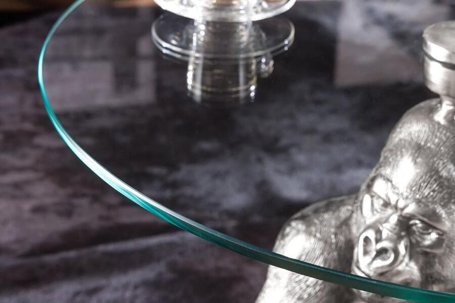 Invicta Interior Ronde salontafel WILDLIFE KONG 60cm zilver metaal glazen aap beeldje gorilla sculptuur handgemaakt 45435